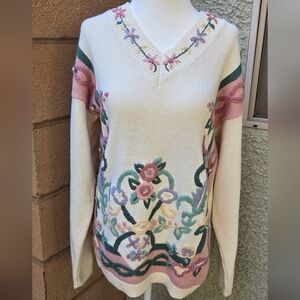 Russ Studio Vintage Floral Embroidered V Neck Sweater
